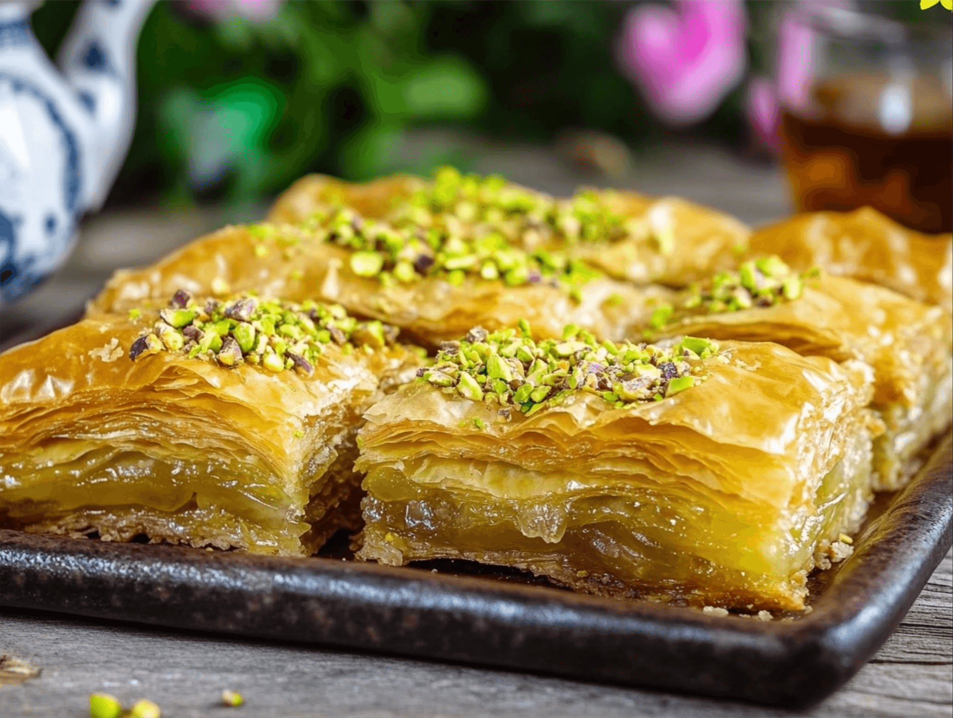 A tray of traditional Lebanese baklava garnished with pistachios.